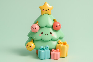 Fototapeta premium Smiling 3D Christmas tree with cute ornaments and gifts