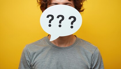 Person covers face with speech bubble showing three question marks. Symbolizes confusion, doubt, or unknown information. Represents inquiry, mystery, and lack of answers on yellow.