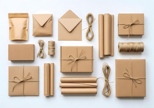 Flat lay of eco-friendly packaging made from recycled materials.