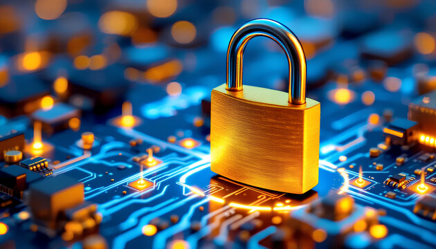 Golden padlock on glowing circuit board – cybersecurity and data protection