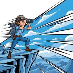 Young explorer searches the horizon using her binoculars