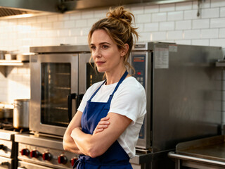 confident female chef standing in professional kitchen workspace