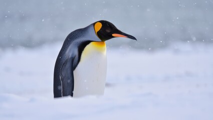 Fototapeta premium King penguin standing in the snow with head bowed on a snowy day