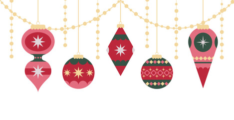 Hanging decorations isolated on white. Christmas template. New year banner, card. Vector holiday season illustration in flat style.
