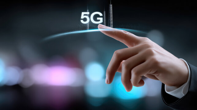 Business hand touching virtual 5G network symbol with glowing cityscape background, technology innovation concept
