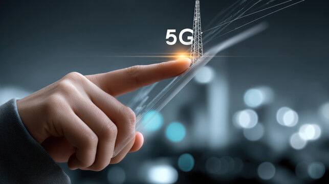 Hand touching glowing 5G symbol with communication tower, representing fast wireless internet technology and digital connectivity
