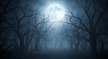 Halloween, spooky forest, foggy night, full moon, eerie landscape, misty woods, dark trees, moonlight, haunted forest, cold blue tones, night sky, mysterious atmosphere, creepy scene, ghostly mood, 