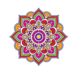Vivid ornamental mandala displays beautiful red, green, pink, and yellow petals that radiate harmony, on transparent backdrop