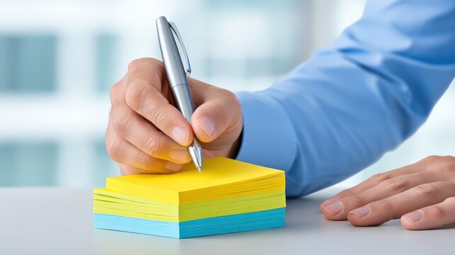 man organizing desk with calendar, sticky notes, pens in a minimalist desk, using planner notebook, lit with soft daylight, captured in over-the-shoulder composition, styled as clean modern look,