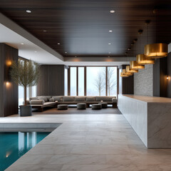 Minimalist pool room with marble floor, gold pendant lights, modern sofa, large windows, and indoor tree, creating serene atmosphere