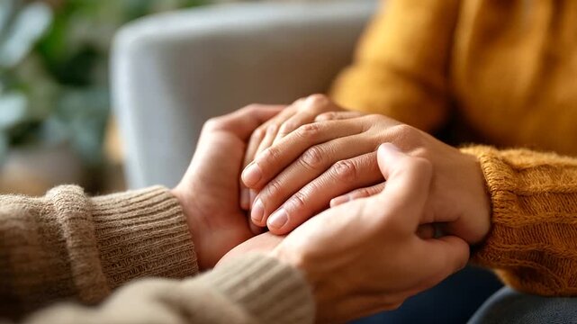 Couple holding hands during counseling session, warm neutral tones, trust and communication, love and healing, emotional connection, relationship therapy, modern care, empathy and