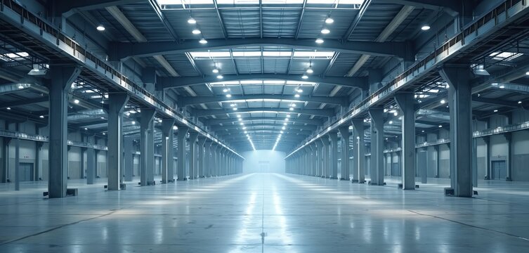 Vast empty industrial warehouse space with high ceilings and rows of support columns. Bright overhead lighting illuminates the large open floor plan. Modern architecture for storage or manufacturing. - Powered by Adobe