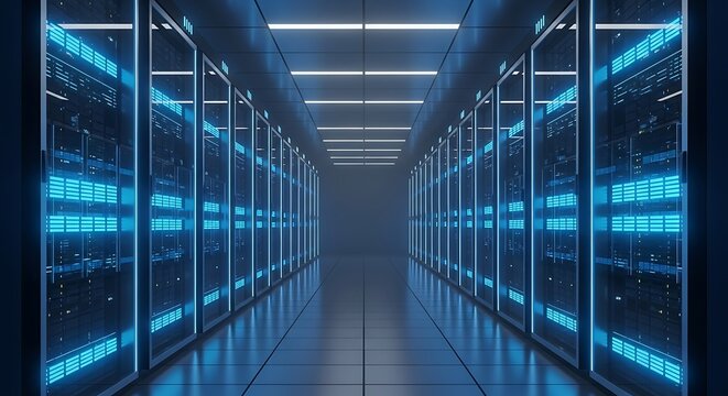 A futuristic data center hallway with rows of glowing blue server racks stretching into the distance.
