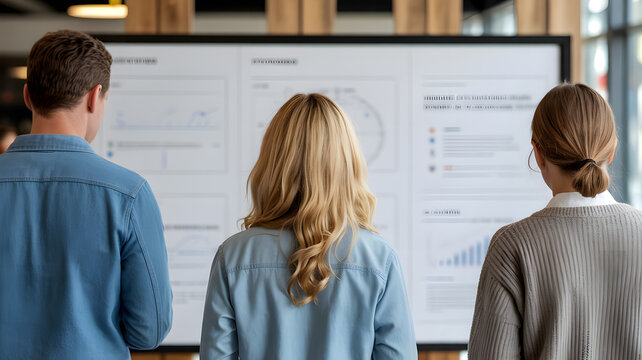 three people standing in front of a whiteboard, interior, classroom setting, casual clothing, diverse group, scientific, analytical, focused,