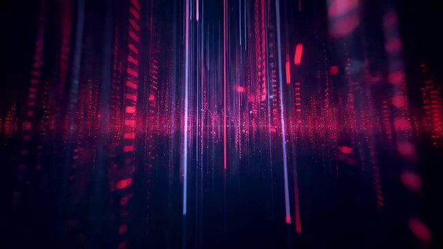 Vibrant digital data streams with cascading binary code in neon pink and blue glow