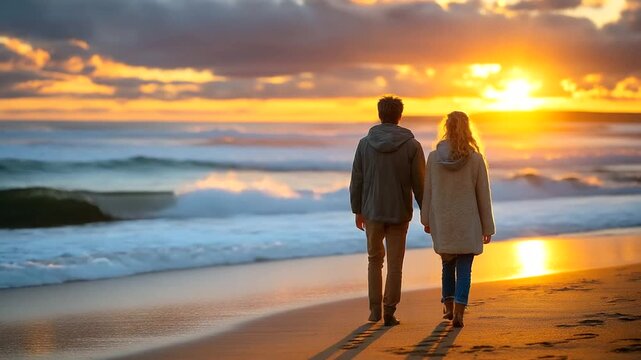 Couple walking on beach at sunset holding hands, golden light, waves and serenity, romantic evening, love and connection, peaceful companionship, seaside romance, lifestyle intimac