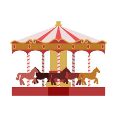 Carousel or Merry Go Round Isolated on White. Carnival wheel with Horses. Flat Vector Illustration.