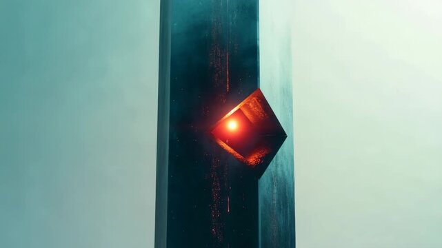 Towering geometric obelisk with a glowing core illuminates the dark sky during twilight hours