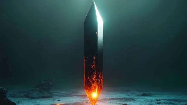 Towering geometric obelisk with a glowing core illuminates the dark sky during twilight hours