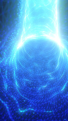 A blue glowing network of particles and lines, forming a digital vortex that conveys movement and depth