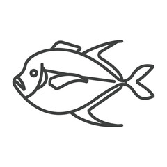 A black and white line drawing of a fish