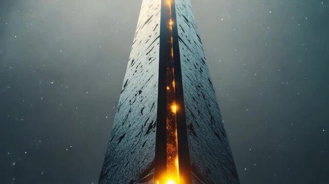 Towering geometric obelisk with a glowing core illuminates the dark sky during twilight hours