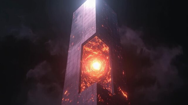 Towering geometric obelisk with a glowing core illuminates the dark sky during twilight hours