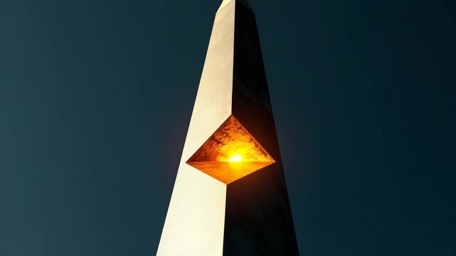 Towering geometric obelisk with a glowing core illuminates the dark sky during twilight hours