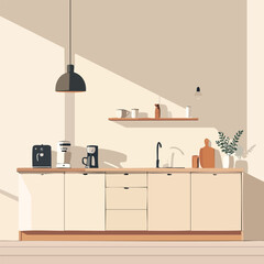 Clean flat line vector illustration of a modern minimal kitchen interior