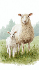 Obraz premium Captivating Portrait of a Mother Sheep with Her Adorable Lamb in a Lush Green Pasture: A Serene Exploration of Rural Life and Nature's Beautiful Creatures