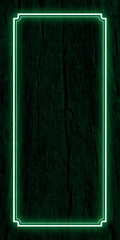 Vertical background dark deep green texture resembles old wood grain. Wood texture clingy and rustic filling entire background. Overlapping dark background bright glowing frame or neon border