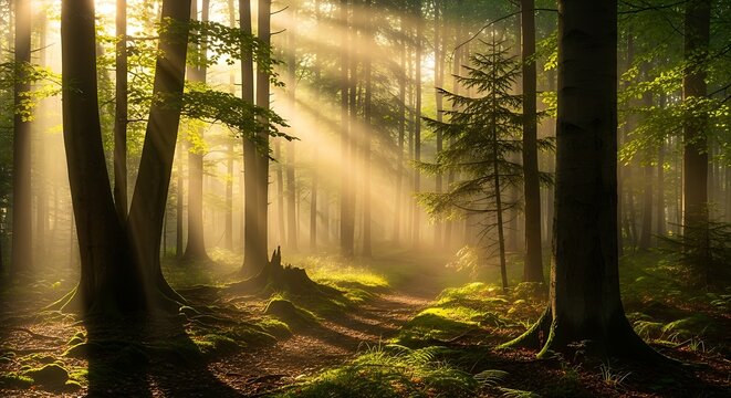 “Mystical forest landscape with morning fog and sunlight beams, tranquil woodland atmosphere