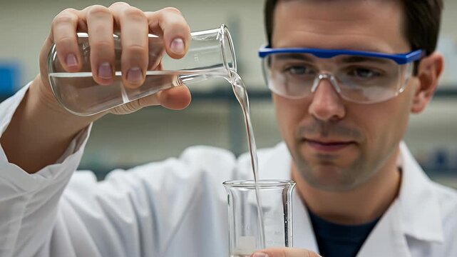 Scientist pouring liquid chemical experiment in laboratory research work
