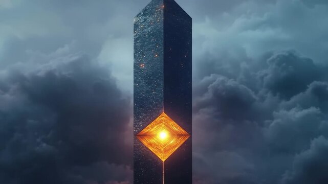 Towering geometric obelisk with a glowing core illuminates the dark sky during twilight hours