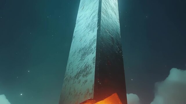 Towering geometric obelisk with a glowing core illuminates the dark sky during twilight hours