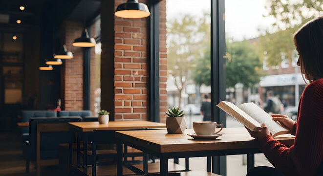 Woman reading book cafe Coffee break lifestyle knowledge alone enjoying leisure reading in cafe near window with Coffee cup relaxing moment calm thoughtful pause