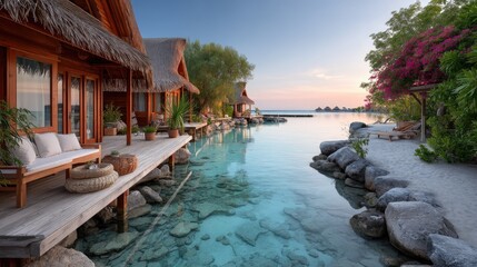 Fototapeta premium Serene Tropical Lagoon Overwater Villas At Sunset With Crystal Clear Turquoise Water Gentle Waves and Lush Greenery and Pink Flowers Accenting the Shoreline
