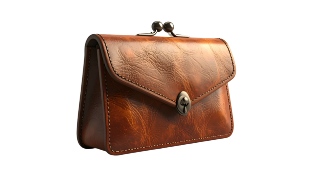 Brown leather coin purse with metal clasp, front view on black