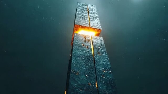 Towering geometric obelisk with a glowing core illuminates the dark sky during twilight hours