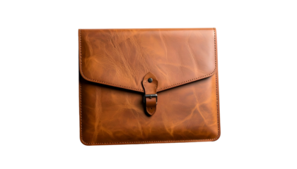 Leather laptop case, tan color, with a strap and buckle closure