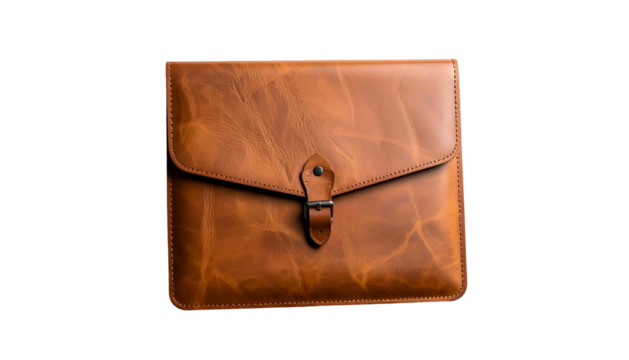 Leather laptop case, tan color, with a strap and buckle closure