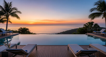 Fototapeta premium Tropical Paradise Pool Sunset Palm Trees Ocean Serene Luxury View offers ultimate getaway destination with beautiful horizon reflection against the infinite swimming pool deck