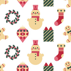 Seamless Festive Pattern with Snowmen, Present, Red Christmas Stocking, Gingerbread Man Cookie and Wreath with Berry on a White. Christmas Background. Flat Vector illustration.