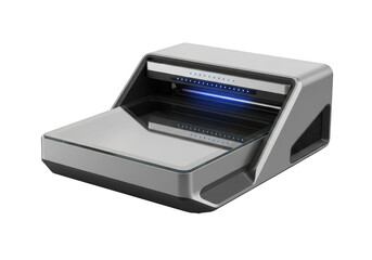 Modern gray high-tech device with glowing blue light stream isolated on transparent background