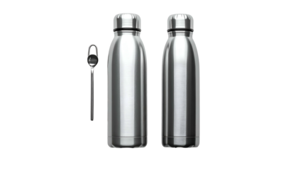 Two metallic water bottles flank a slim probe against black