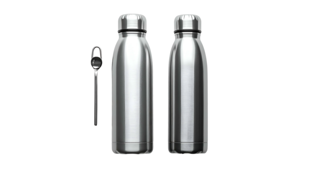Two metallic water bottles flank a slim probe against black