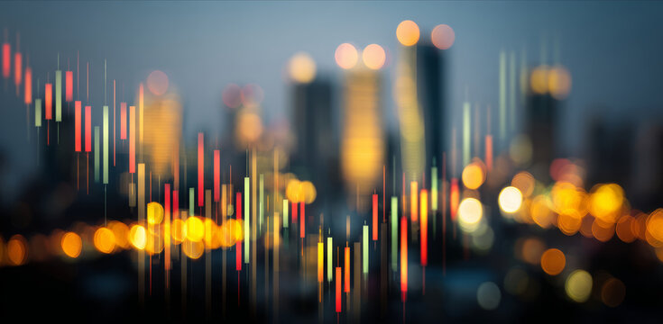 Candlestick stock market chart city skyline blur night finance trading with bokeh energy - Powered by Adobe