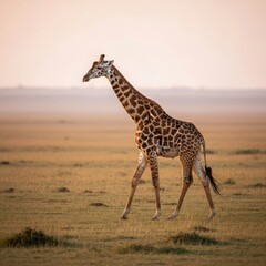 Obraz premium Majestic giraffe striding across an african savannah at dusk