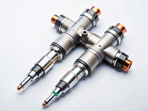 Aerial View: Two Diesel Fuel Electromagnetic Injectors on White Background