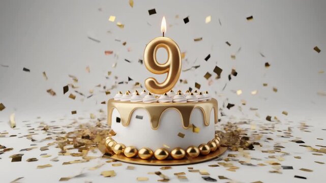 White and gold birthday cake with candle number 9. Solid white background with falling confetti. Video for 9th birthday or anniversary party